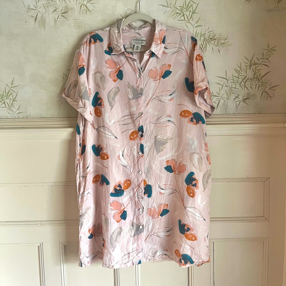Rachel Zoe Pink Floral 100% Linen Button Front Short Sleeve Shirt Dress Tunic XL